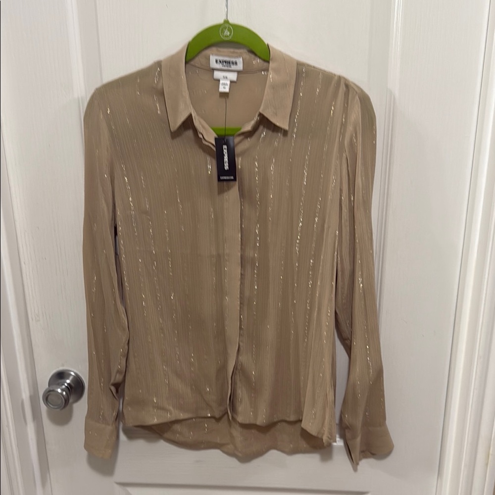 Express Tan Sequin Long Sleeve Button Down Shirt